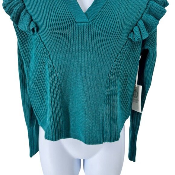 Tuckernuck NEW Hyacinth House Teal Ruffle Casey Collared V-Neck Sweater Size M - Picture 4 of 8